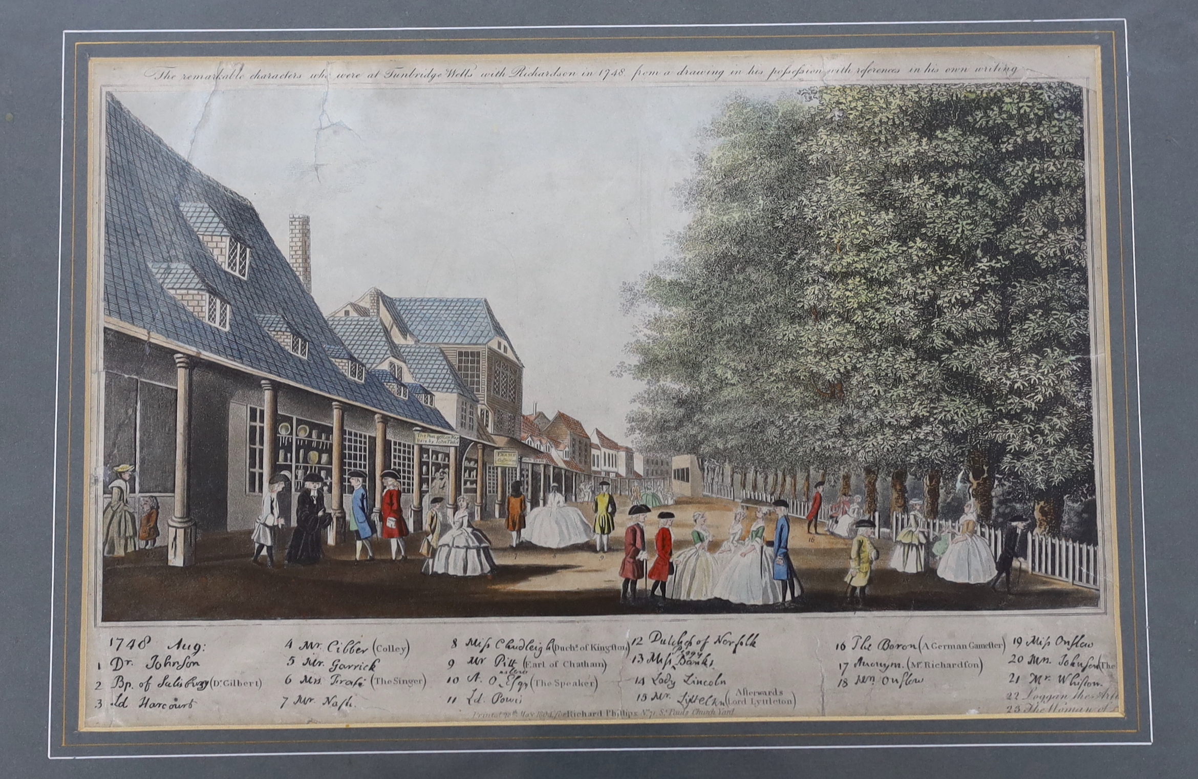 Two 19th century prints, Mr Loggan, 'The remarkable characters who were at Tunbridge Wells with Richardson in 1748', publ. 20th May 1804 for Richard Phillips and a print of Chess players, largest 18 x 28cm